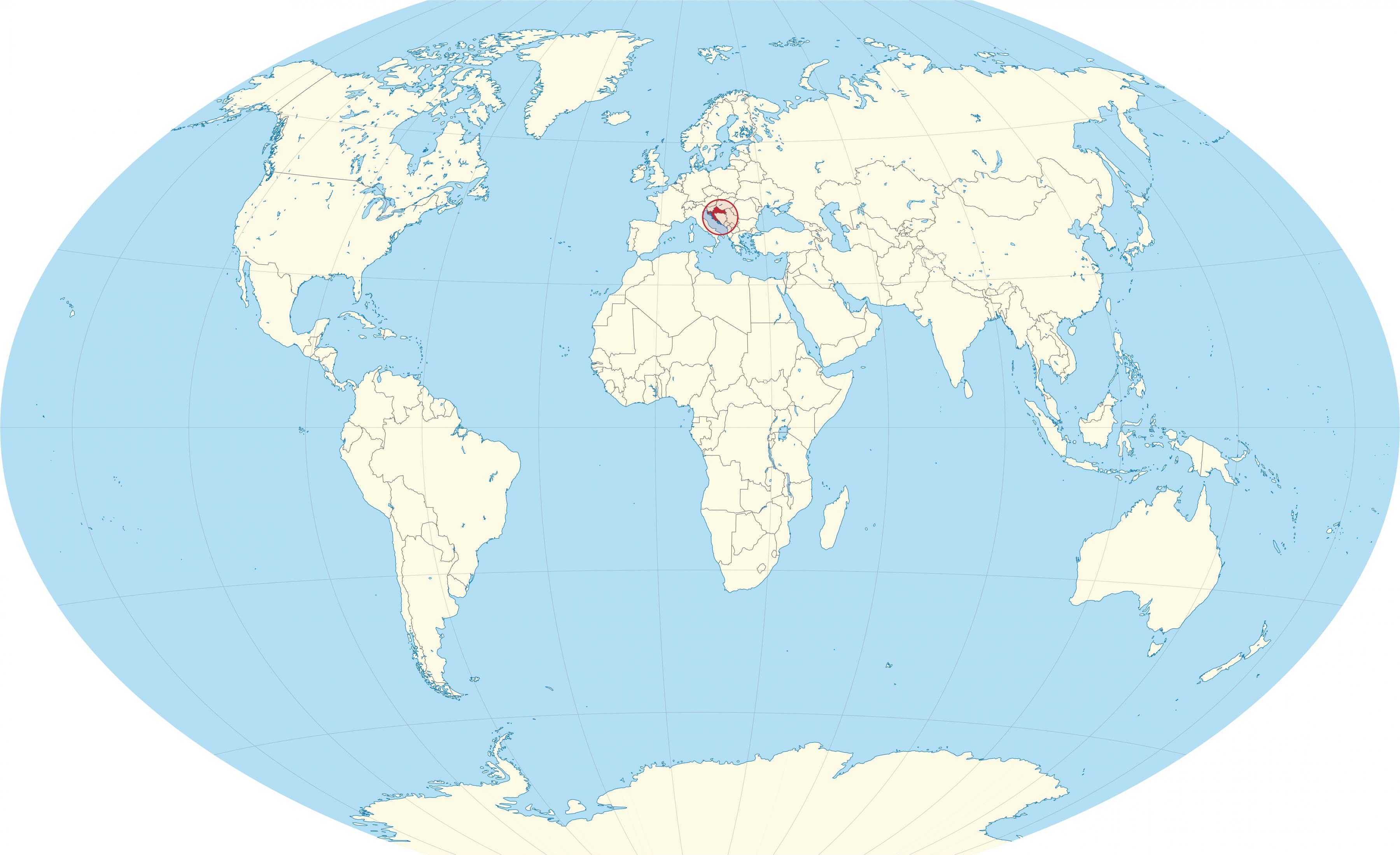 世界地図上のクロアチア 周辺国と南ヨーロッパ の地図上の位置