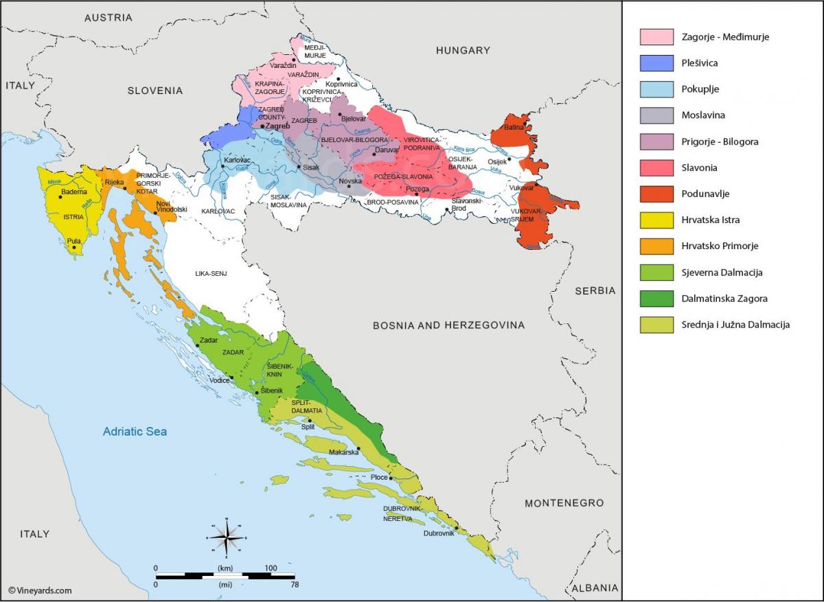 クロアチアのブドウ畑の地図