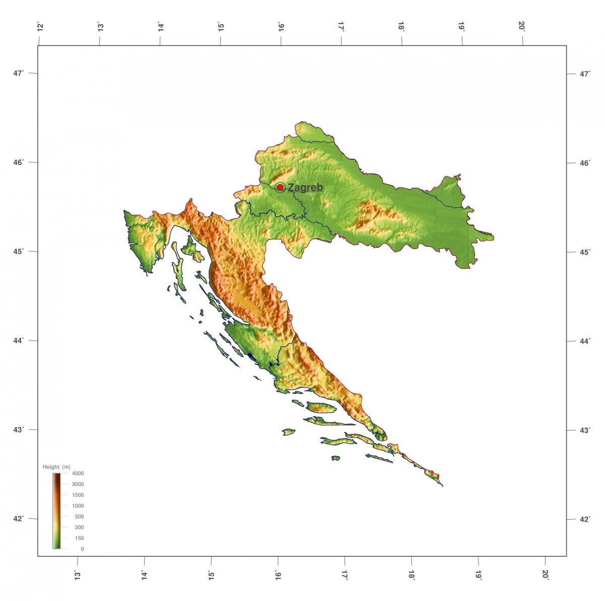 クロアチアの高度の地図