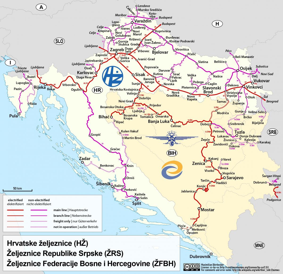 クロアチアの鉄道路線図