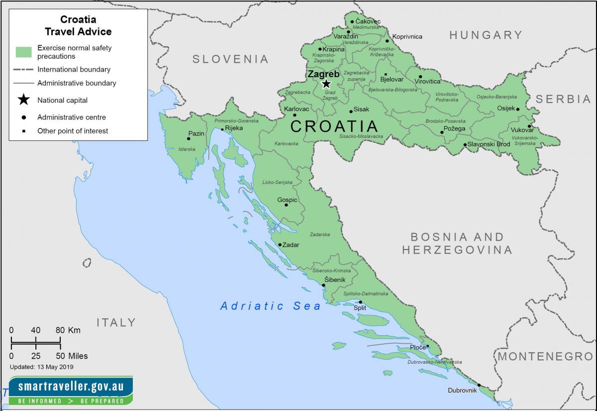 主要都市とクロアチアの地図