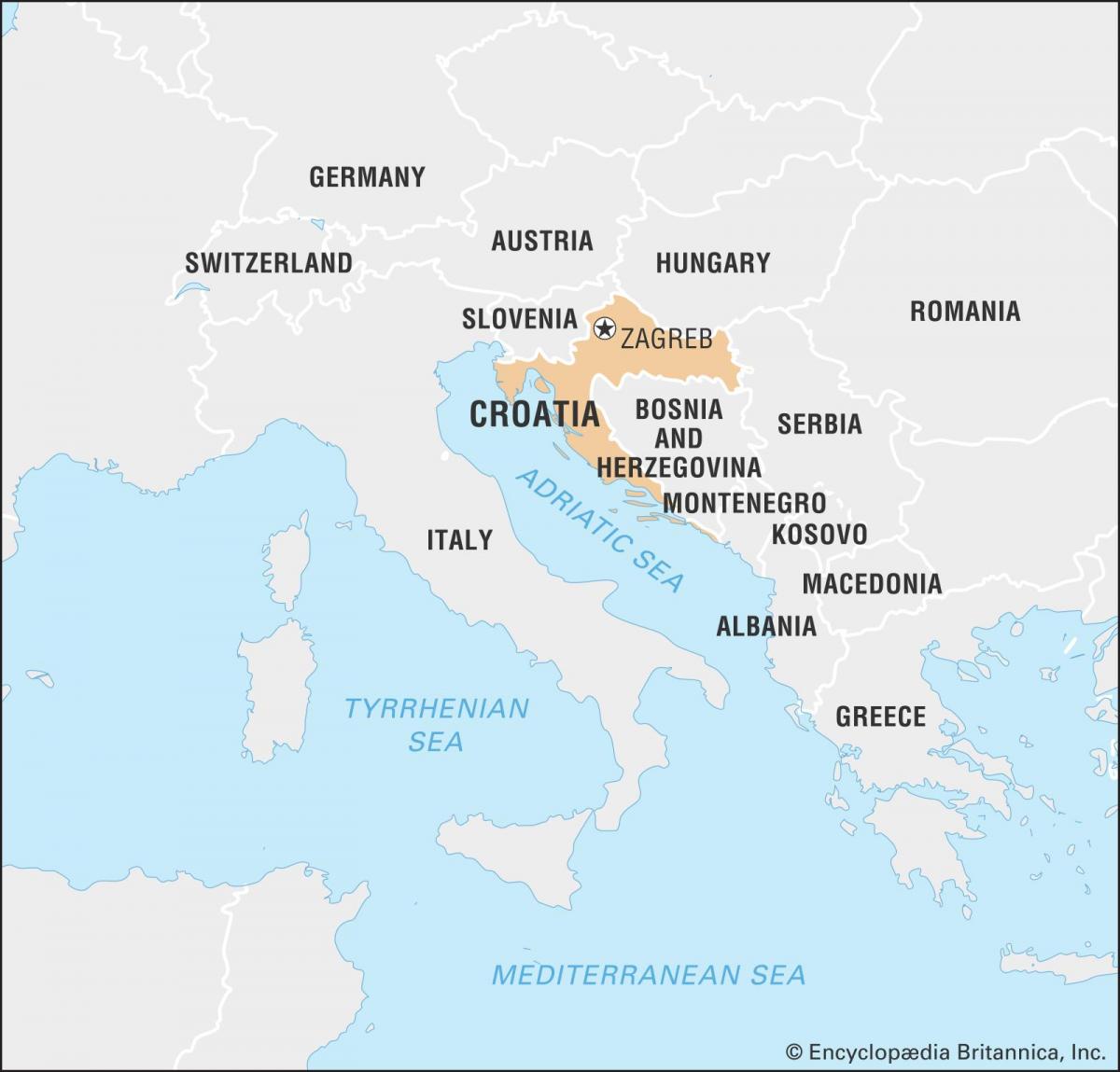 クロアチアと国境を接する国の地図